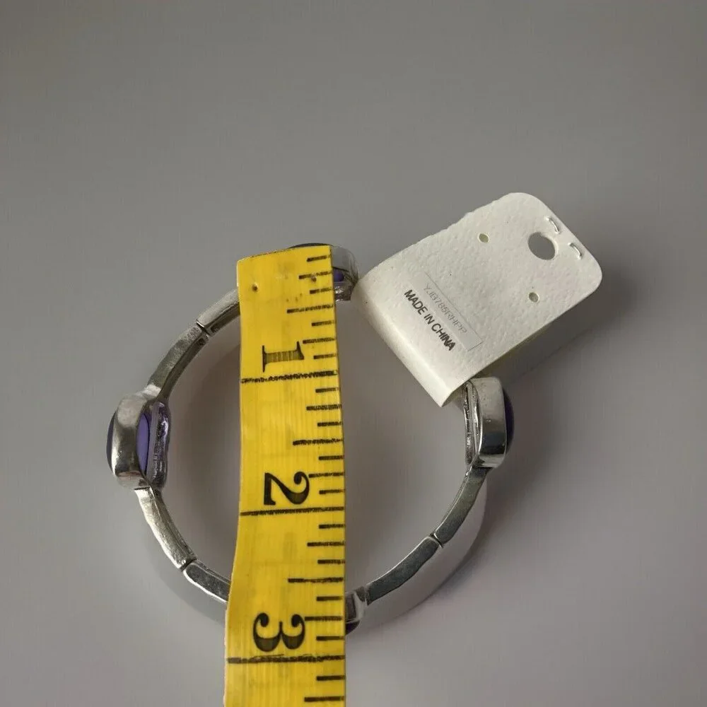 JL Designs Purple Silvertone Stretch Bracelet Rectangle Bangle Costume Jewelry